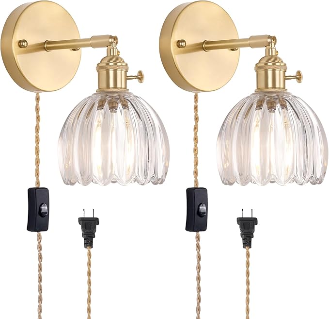 Shenmoyl Plug in Wall Sconce, Transparent Tulip Glass Lampshade Wall Light Plugin Corded for Bedside Bedroom Doorway, 2 Pack