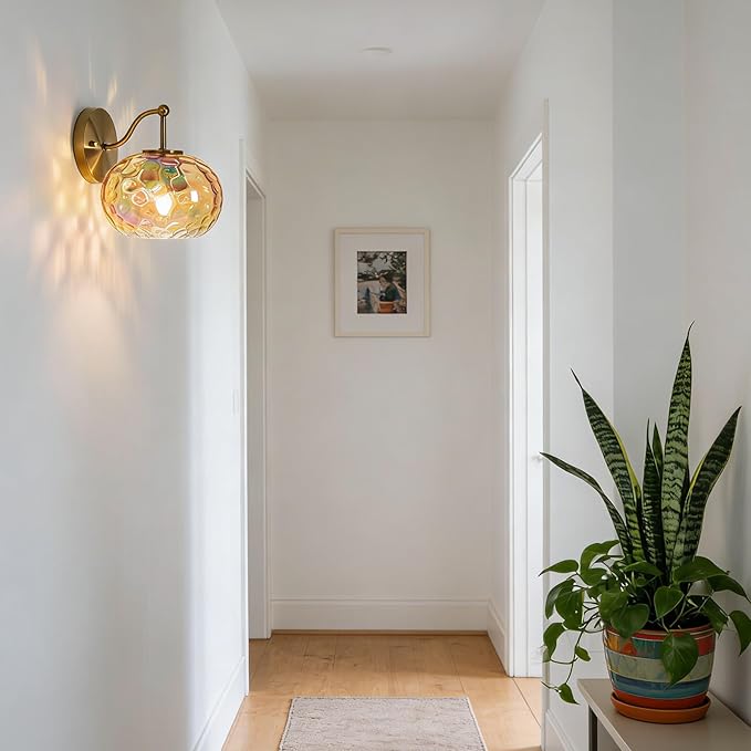 Gold Wall Sconce Light Amber Hammered Glass Vanity Lighting Brushed Brass Champagne Wall Lamp for Bathroom Over Mirror
