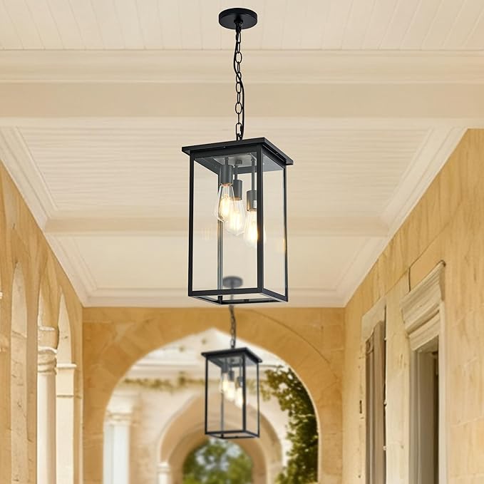 Large Outdoor Indoor Pendant Light 3-Light, Modern Black Metal Outside Chandelier Exterior Hanging Fixture Ceiling Mount with Clear Glass Shade for Front Porch Entrance Foyer Entryway