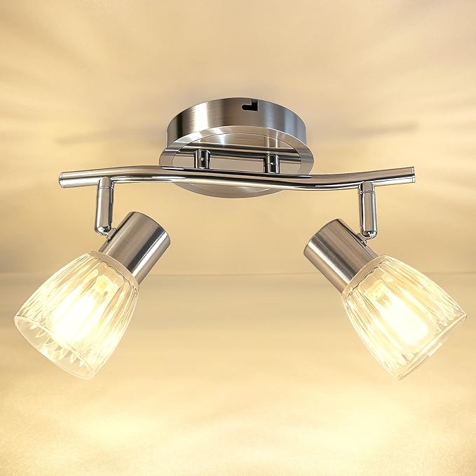 HiBay 2-Light Track Lighting, Directional Ceiling Light Fixture with Glass Shades, Modern Chrome Spotlight Indoor for Kitchen, Bedroom, Living Room, E12 Base, No Bulbs