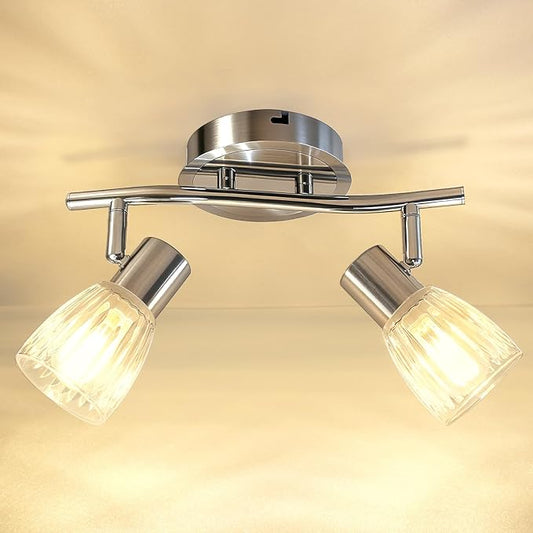HiBay 2-Light Track Lighting, Directional Ceiling Light Fixture with Glass Shades, Modern Chrome Spotlight Indoor for Kitchen, Bedroom, Living Room, E12 Base, No Bulbs