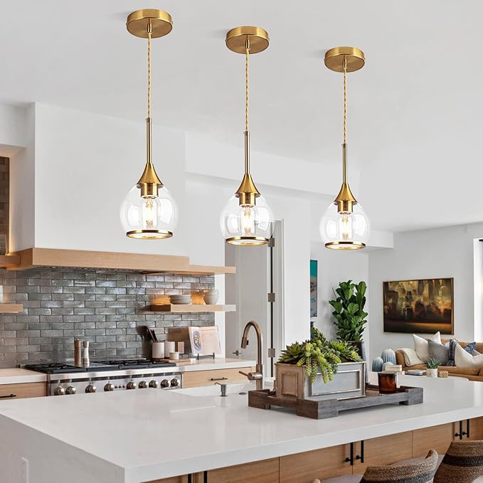 1-Piece Island Light for Kitchen, 1-Light Gold Kitchen Island Hanging Pendant Light with Clear Round Glass Shades, Brushed Gold Finish Dining Room Light Fixture Over Table