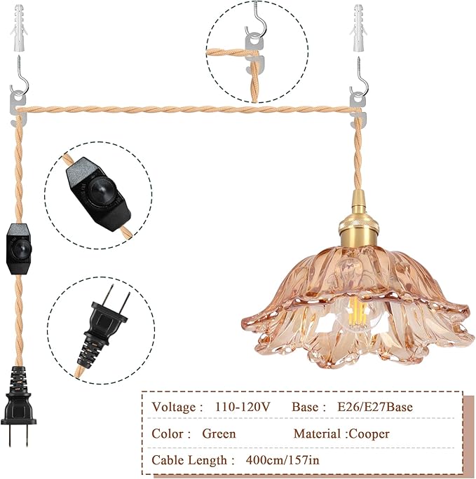 Plug in Pendant Light Fixtures,Hanging Light Fixture Amber Glass Pendant Light 10.6in E26 Pendant Lighting for Kitchen Island, Bedroom, Dining Room, Living Room