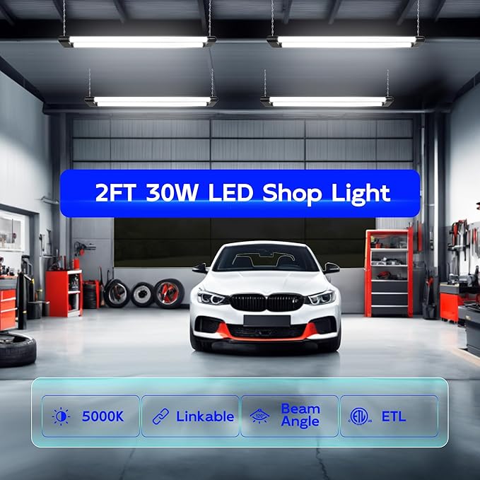 hykolity 4 Pack Linkable LED Shop Light for Garage, 2FT 30W Utility Light Fixture, 3500lm, 5000K Daylight Linkable Shop Lights with Power Cord, Hanging or Flush Mount, Black - ETL