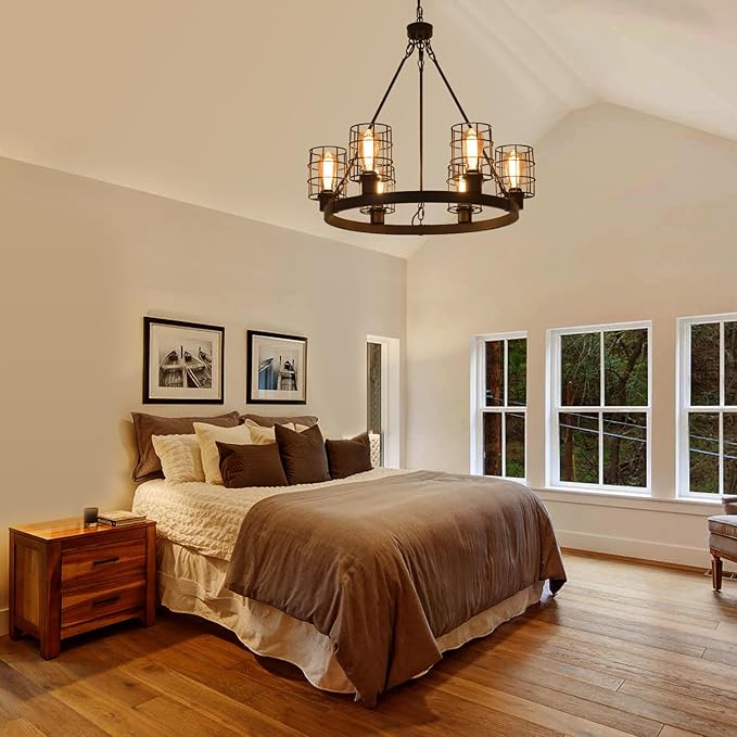 Wagon Wheel Chandelier Modern Farmhouse Pendant Light,Black Farmhouse Chandelier, 6-Light Wagon Wheel Chandelier with Adjustable Height, Dining Room Light Fixture, Hanging Lights