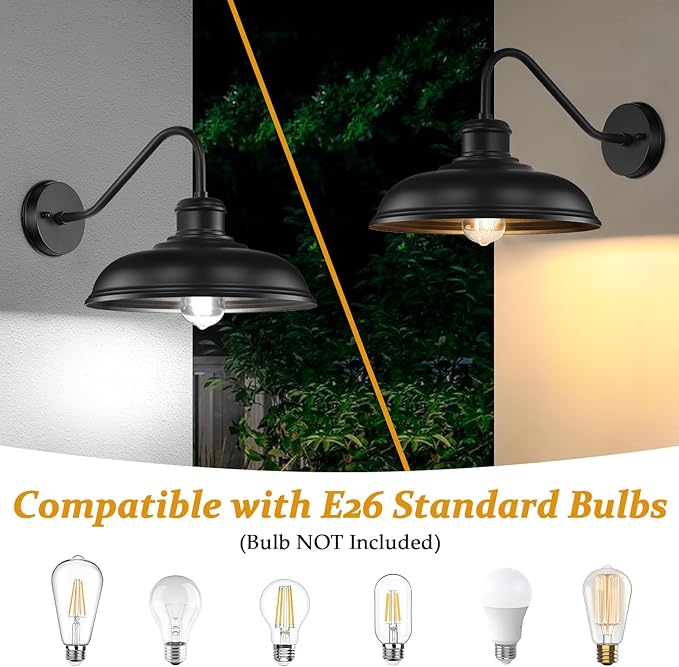 17.25” Outdoor Wall Light Fixtures 2-Pack, Farmhouse Black Barn Lights, Gooseneck Exterior Lighting Fixtures Wall Mounted, Porch Lights Waterproof, Anti-Rust Outdoor Lights for House Garage Entryway