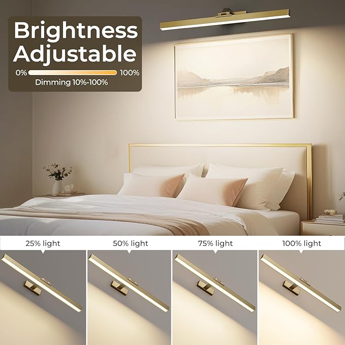 Afyuol Picture Lights for Wall, Brushed Gold Battery Operated Picture Light 24in Art Light CCT Dimmable Recharging Battery Wall Light with Remote Control for Living Room Gallery