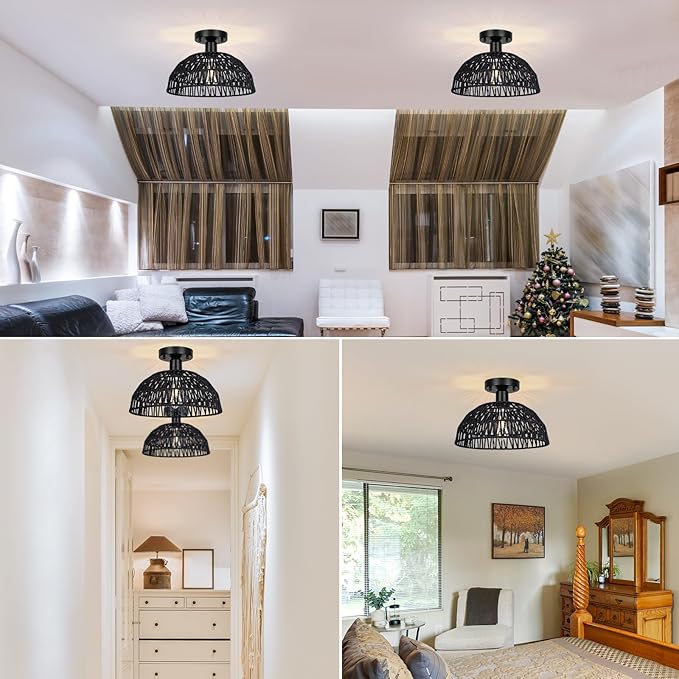 Rattan Ceiling Light Fixtures 2 Packs-Black Rustic Woven Basket Flush Mount Ceiling Light, Handmade Wicker Ceiling Lamp, Rattan Chandelier For Kitchen Island, Hallway, Living Room, Bedroom, E26 Base