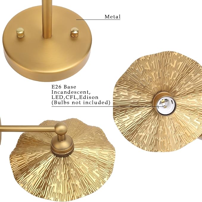 Phansthy Hardwired Wall Lighting, Barn Wall Sconces Antique Brass Indoor Wall Lights with Hammered Metal Lotus Leaf Texture Shade, Vanity Wall Lamp for Bathroom Bedroom Kitchen (One-Light 2 Pack)