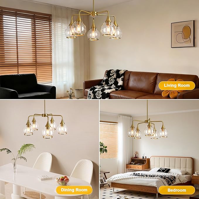 Island Light for Kitchen, 5-Light Gold Kitchen Island Linear Hanging Light Chandeliers Dining Room Light Fixture Over Table with Clear Round Glass Shades