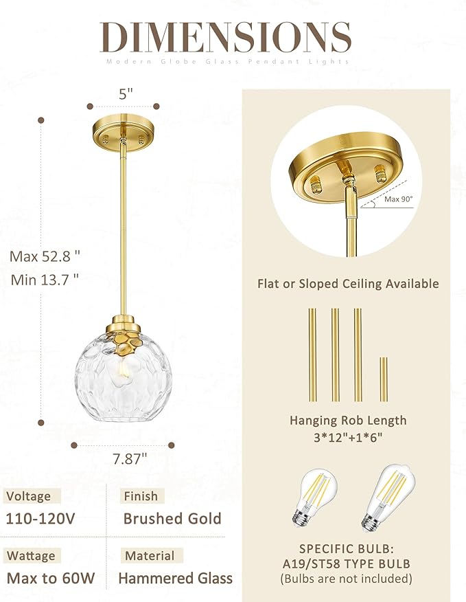 8 Inch Modern Farmhouse Pendant for Kitchen Island, Adjustable Height Hanging Fixture with Hammered Glass,Brushed Gold Finish, Dining Room Entryway - PL101HBG-L