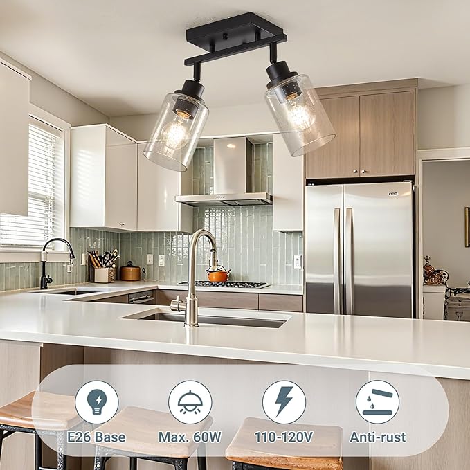 LOUSACE 2 Light Kitchen Track Lighting Fixtures Ceiling Black, Above Sink Light Fixture Kitchen with Rotatable E26 Heads & Seeded Glass Shade, Modern Bathroom Vanity Light Ceiling & Wall Mount