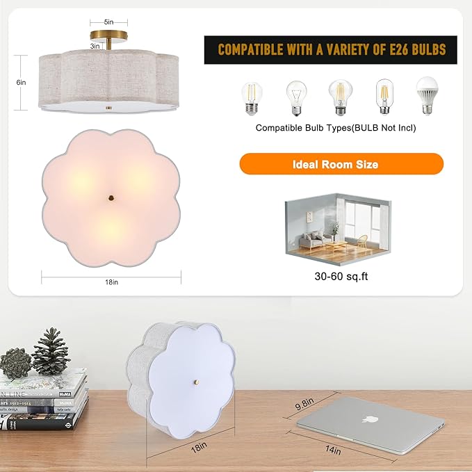 18" Semi Flush Mount Ceiling Light Modern 3-Lights Gold Drum Ceiling Light Fixture with Fabric Linen Shade, Vintage Ceiling Lighting for Living Room, Kitchen, Basement, Laundry Room, Bedroom