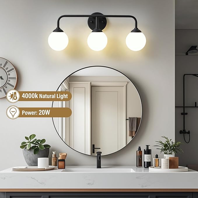 Bathroom Light Fixtures - 3 Light Brushed Brass Vanity Light Over Mirror for Bathroom Mirror Living Room Bedroom, Black Bathroom Wall Sconce with Frosted Glass Shade, 3 G9 Bulbs Included