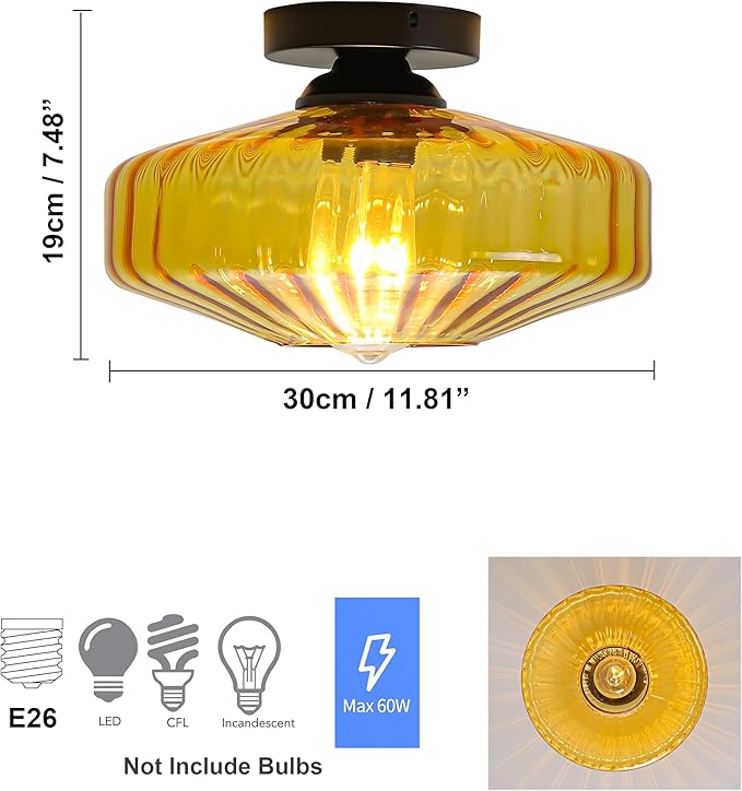 FCTWAKS Semi Flush Mount Ceiling Light, 11.8" Mid Century Modern 1-Light Close to Ceiling Light Fixtures with Drum Amber Glass Shade for Bedroom Entryway Hallway Porch Foyer