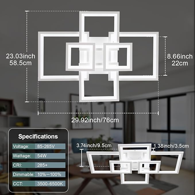 EIDISUNY Modern LED Ceiling Light, Square LED Flush Mount Ceiling Light, Dimmable Kitchen Light Fixtures with Remote&APP, Close to Ceiling Lighting Fixture for Dining Room Living Room Bedroom(White)
