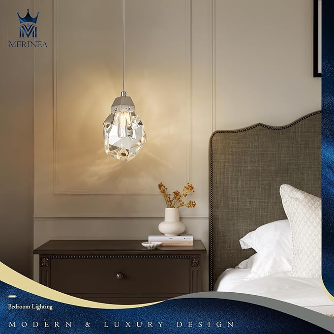 Crystal Pendant Light, 1-Light Mini Diamond Prism Hanging Ceiling Light with Brushed Nickel Finish, Color Changing LED Small Chandelier for Kitchen Island, Dining Room, Bedroom, Hallway, Bar