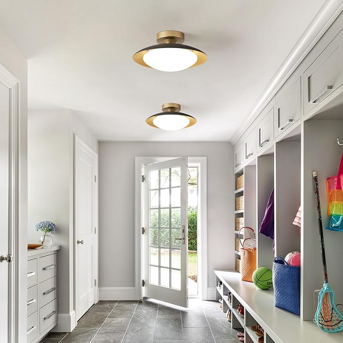 Dimmable Modern Mid-Century Ceiling Light, Black and Gold LED Semi Flush Mount Ceiling Light, 5CCT 2700K-6000K Lighting Fixture Ceiling Lamp with Glass Shade for Bedroom Hallway Kitchen, 12.6in