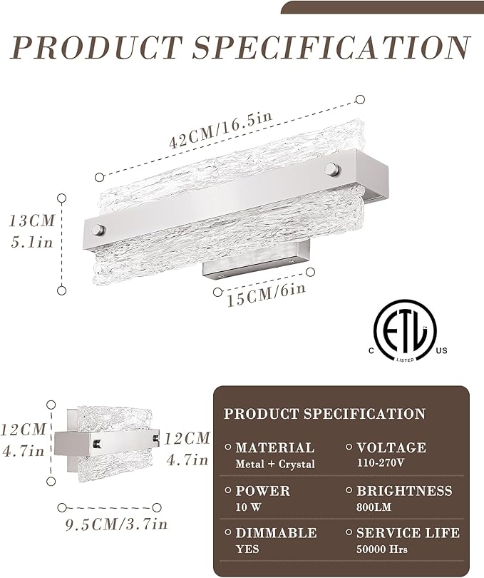 Brushed Nickel Bathroom Vanity Light, 16.5 Inch 10W Dimmable LED Bathroom Light Fixture Over Mirror, Modern Crystal Bar Wall Sconce Lighting for Bath, 3CCT, OS-MM5001-2BN