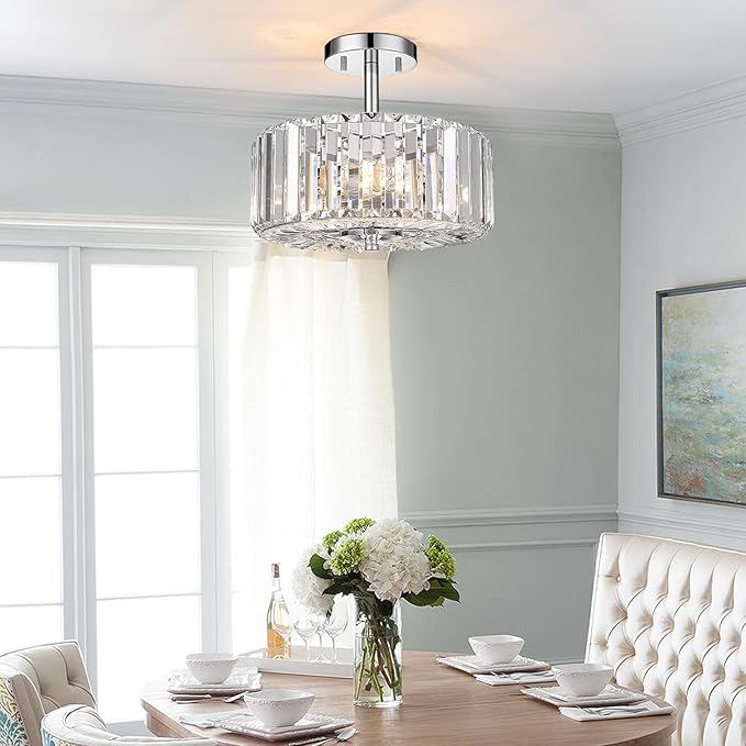 Crystal Light Fixture, Modern 2-Light Chrome Flush Mount Light Fixture, 11" Round Crystal Chandelier for Bedroom Entryway Kitchen Hallway Lighting, SF004-2-CH