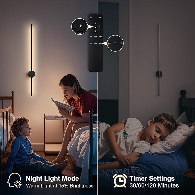 Battery Operated Modern Wall Sconces Set of Two,Rechargeable Wireless Wall Lights with Remote Control,Dimmable,3CCT,Timer,360°Rotation,Cordless Lighting for Bedroom,Living Room,Hallway,Black,39.3 Inch