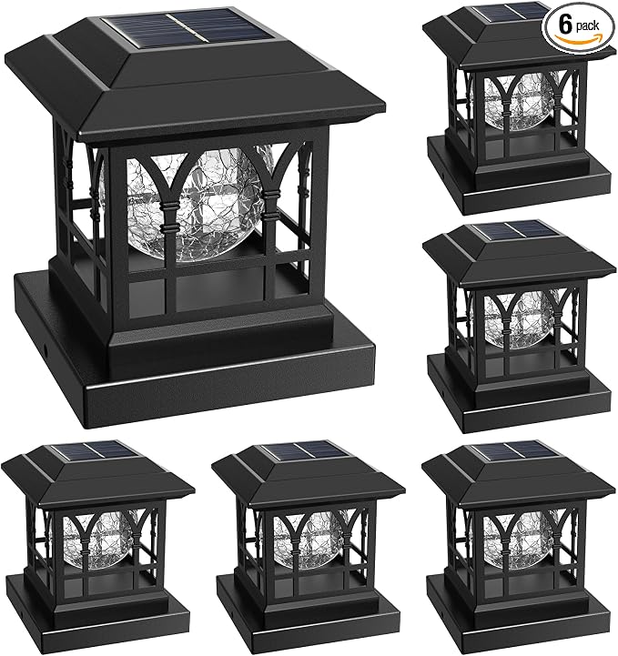 Fence Post Solar Lights, Crackle Glass Solar Post Cap Lights, 20 Lumens, Warm White & RGB Automatic Cycling 2 Modes for 3.6x3.6 4x4 4.5x4.5 5x5 Vinyl Wooden Posts Decoration, Black (6 Pack)