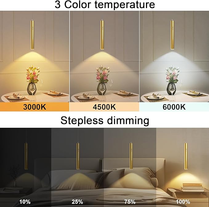 Lightess Battery Operated Pendant Light with Motion Sensor, 3 Color Dimmable Rechargeable Hanging Light with Remote, Modern Gold Pendant Light Fixtures for Dining Room Hallway Bedroom