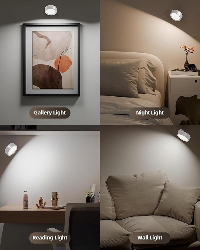 EZVALO LED Wall Mounted Light, 3000mAh Rechargeable Cordless Wall Sconce, Dimmable with Remote & Touch Control, 3 Color Temps, 360° Rotatable for Bedroom, Bedside, Reading(White, 3Pack)