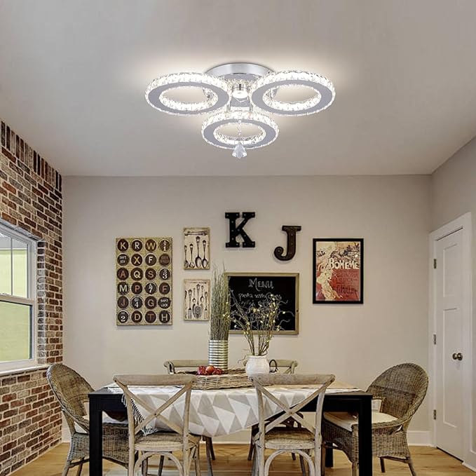 Dimmable LED Crystal Ceiling Light 13x3.5 Inches 3 Rings Crystal Chandelier Flush Mount Lighting Fixture for Bedroom Hobby Living Room