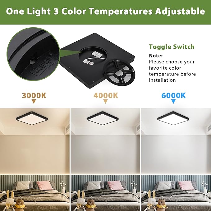 12 Inch 24W LED Flush Mount Ceiling Light Fixtures, 3000K/4000K/6000K Adjustable LED Ceiling Light, 2800LM Bright Flat Square Ceiling Light Fixture for Bedroom, Kitchen, Hallway (Black-6 Pack)
