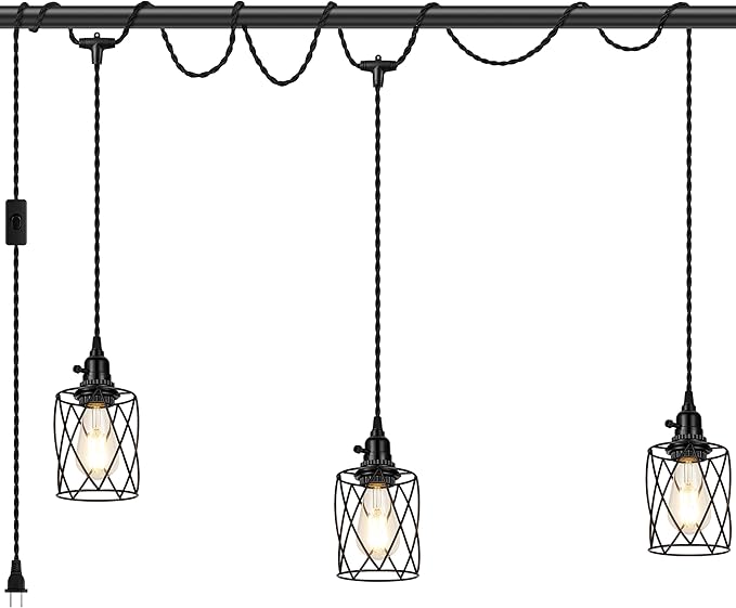 3-Light Plug in Pendant Light, 19FT Hanging Lights with Plug in Cord and On/Off Switch, Industrial Twisted Black Rope Hanging Pendant Fixtures with Metal Shade for Dining Room Kitchen Bedroom