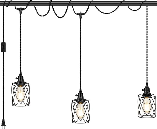 3-Light Plug in Pendant Light, 19FT Hanging Lights with Plug in Cord and On/Off Switch, Industrial Twisted Black Rope Hanging Pendant Fixtures with Metal Shade for Dining Room Kitchen Bedroom
