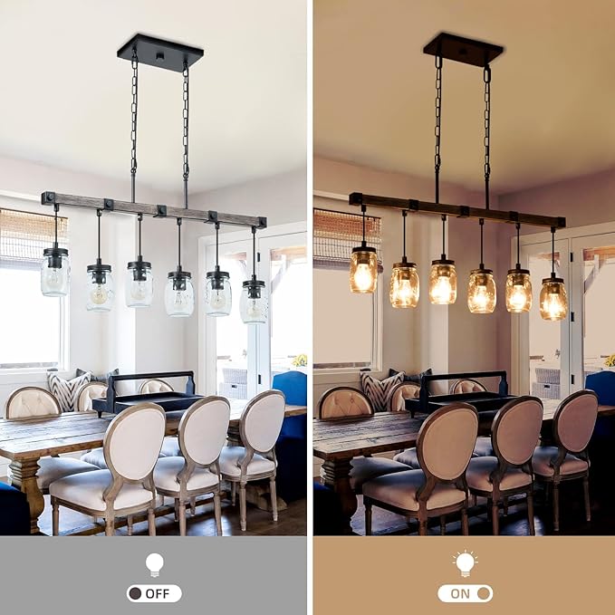 Farmhouse Kitchen Island Lighting, Mason Jar Chandelier, 6-Light Linear Rustic Chandelier, 30" Black Retro Imitative Wood Finish Pendant Light with Clear Glass Globes,Dining Room Bar Pool Table