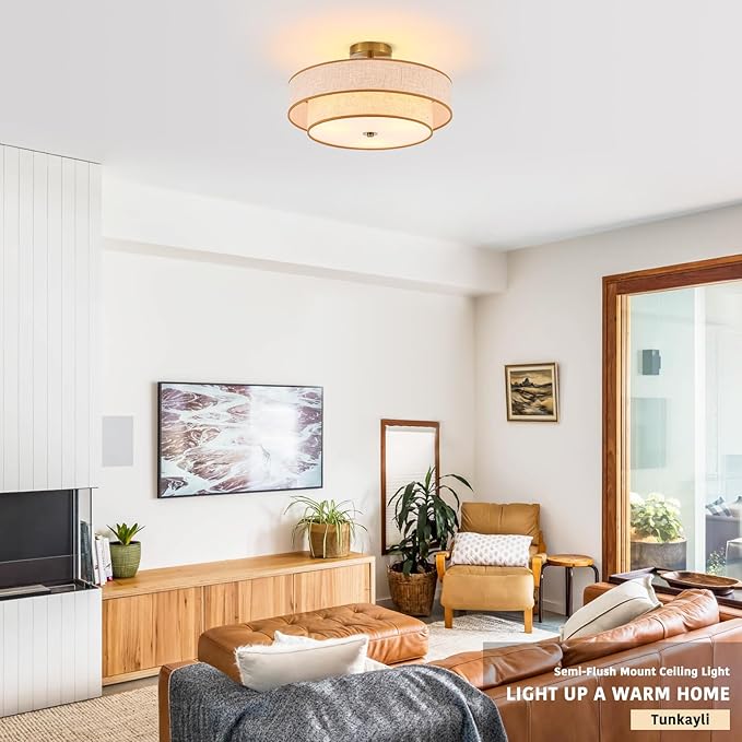 3-Light Drum Semi Flush Mount Ceiling Light, 18" Modern Gold Ceiling Lighting Fixture, Vintage 2-Tier Linen Ceiling Lighting for Living Room, Bedroom, Kitchen, Dining Room, Hallway, Entryway