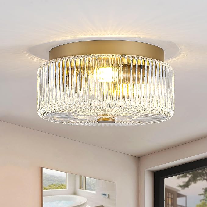11.8 Inch Gold Flush Mount Ceiling Light, Mid-Century Modern Luxury 3-Light Close to Ceiling Light Fixture with Clear Striped Glass Shade, Elegant Lighting for Bedroom Hallway Kitchen Entryway Foyer