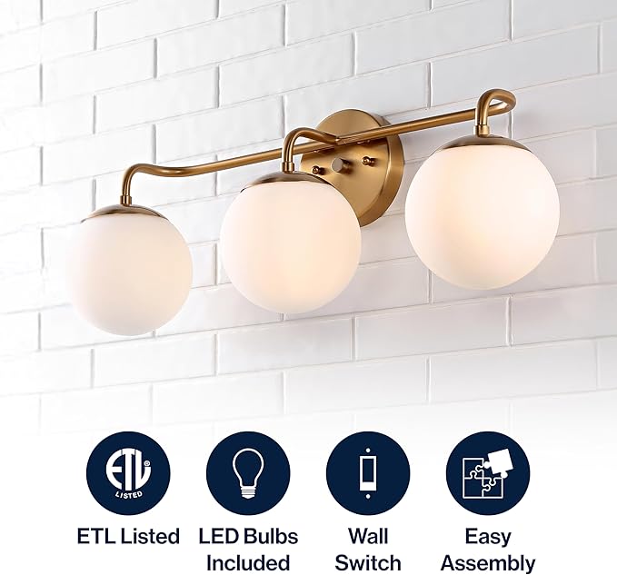 JONATHAN Y 25" Gold Painting Modern Globe Wall Sconce Vanity Light for Bathroom, White Frosted Glass Shade, Midcentury Parisian Bistro Wall Lamp, LED Bulb Included (JYL3536A)