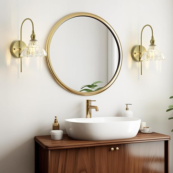 Vintage Wall Sconces with Clear Flower Glass Lampshade, Indoor Bath-Room Wall Sconce, Modern Gold Industrial Lighting Fixture for Mirror Living Room Hallway 2 Pack