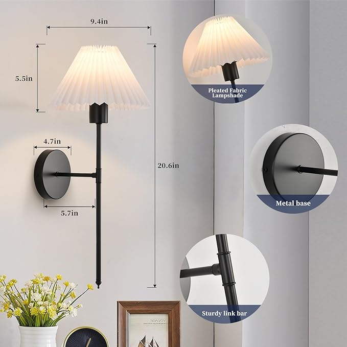 Battery Operated Wall Sconces Set of 2, Black Rechargeable Wall Lights with Pleated Shades, Dimmable Wall Lamp with Remote, Easy to Install, 15 Colors Wireless Lighting for Living Room Bedroom