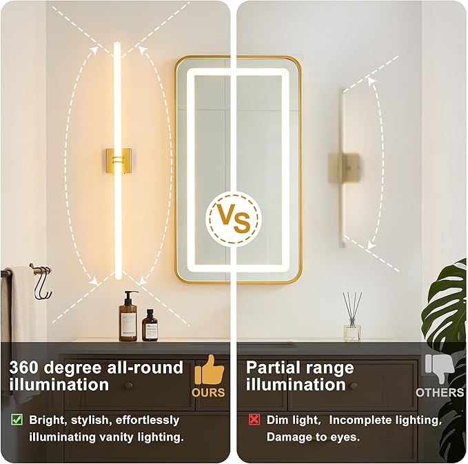 Bathroom Light Fixtures,Gold 40W LED 360° Full Lighting Modern Wall Sconce Vanity Light with 5-Color Dimmable 3000K-6000K, 45.28inch Vanity Lighting for Bath, Powder Room, Bedroom, Hallway