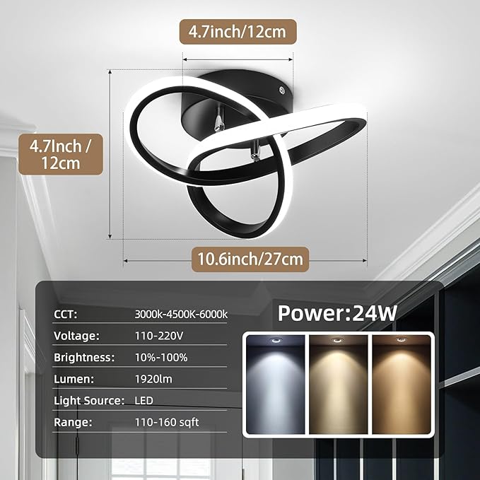 CANEOE Black Hallway Ceiling Light Fixtures 24W Dimmable LED Ceiling Light with Remote Control Modern Flush Mount Ceiling Lights for Bedroom Bathroom Kitchen Balcony Stair Aisle Ceiling Lamp