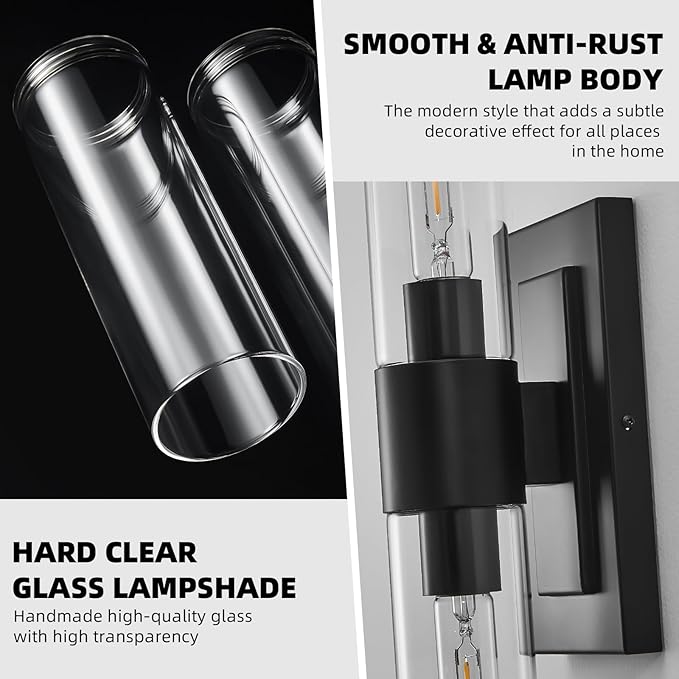 19" Modern Wall Sconce,2-Light Bathroom Vanity Light,Glass Tube Indoor Wall Sconce,Black Wall Light Wall Lamp for Bedroom, Mirror,Washroom, Hallway Hardwired Sconces Wall Lighting,E26 Base