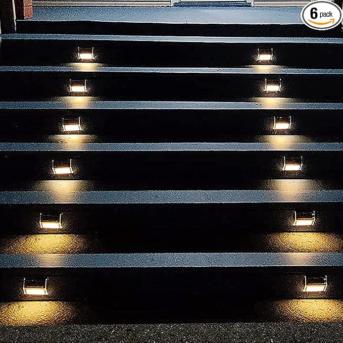 Lightess Waterproof Solar Step Lights for Outdoor Stairs Warm White, 6 Pack | Outdoor Waterproof, Stainless Steel LED, Solar Powered LED For Steps Deck Patio Garden Path Outdoor Decor