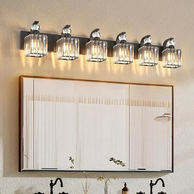 Modern Bathroom Vanity Light, 6-Light Black Bathroom Lighting Fixtures Over Mirror, 44.1" Crystal Wall Light Sconce for Bathroom/Bedroom/Vanity, Includes LED Bulbs, Easy Installation