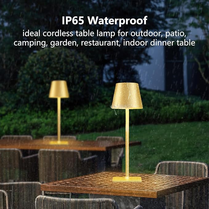 Yogaret 2 Pack Gold Rechargeable Table Lamps,Cordless Lamp with 6000mAh Battery Operated,Wireless Lamp for Restaurant Home Dinner Dining Kitchen Outdoor Patio,Waterproof & Portable