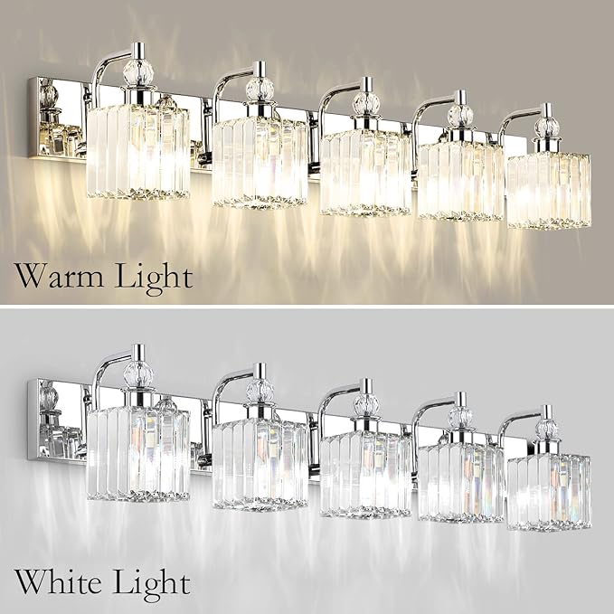 Ralbay Modern Crystal Bathroom Vanity Light 5 Light 40''Chrome Vanity Lighting Over Mirror Bathroom Wall Lighting Fixtures