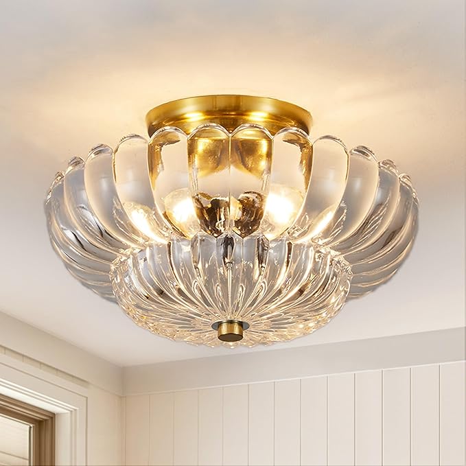 Semi Flush Mount Ceiling Light, Gold Light Fixture Ceiling Mount with Scalloped Clear Glass Shade, 3 Lights Vintage Chandelier, Modern Farmhouse Lighting for Hallway Kitchen Bedroom Foyer,