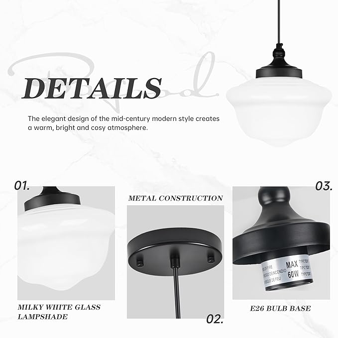 Bagood 10" Black Schoolhouse Light Fixture Milk Glass Pendant Light Schoolhouse Pendant Light Milk Glass Light Fixture Mid Century Modern Ceiling Light for Bedroom Bathroom Kitchen Island (Bulb Incl)