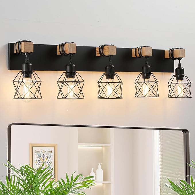 Farmhouse Vanity Light Fixture,5-Light Bathroom Lighting,Black Industrial Wood Wall Light Over Mirror with Metal Shade,LED Bulbs Not Included