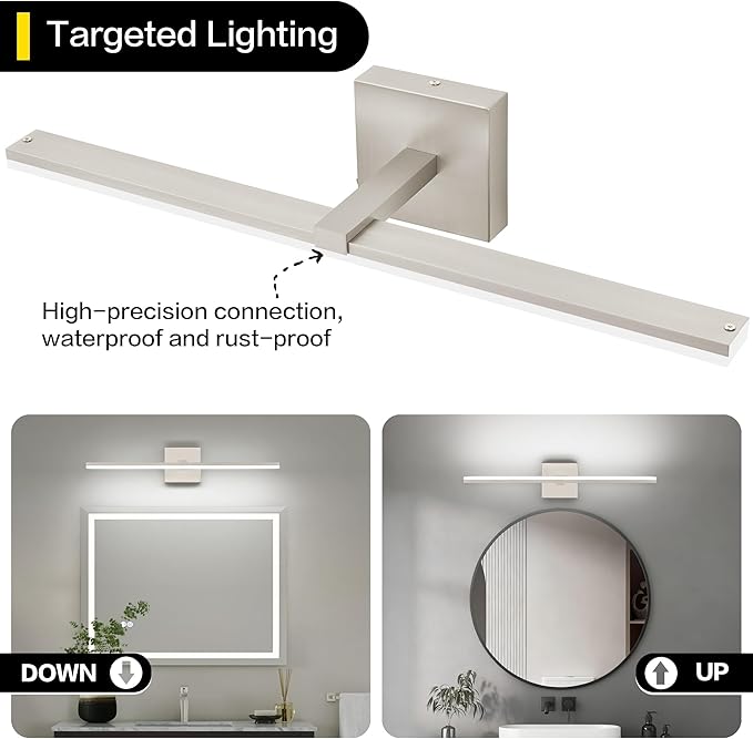 ZUZITO 24 Inch Vanity Lights for Bathroom Brushed Nickel Over Cabinet Arm Wide LED Bar 18W 1440lm 6000K