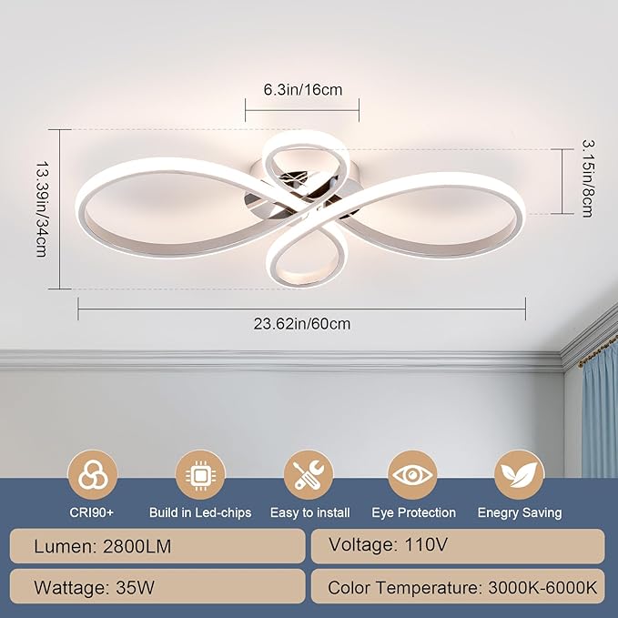 Modern LED Ceiling Light, Hallway Light Chrome Close to Ceiling Light for Kitchen Bedroom Balcony Bathroom Living Room (23.62Inch)